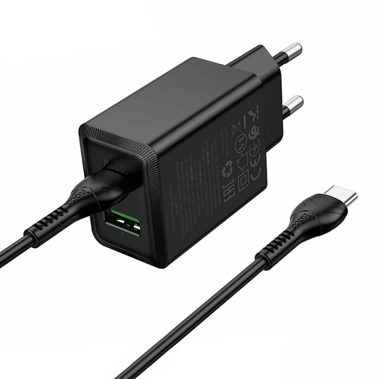 Polnilnik omrežja s kablom USB-C HOCO N71, 30W, 3A, 1 x USB-A - 1 x USB-C, črn
