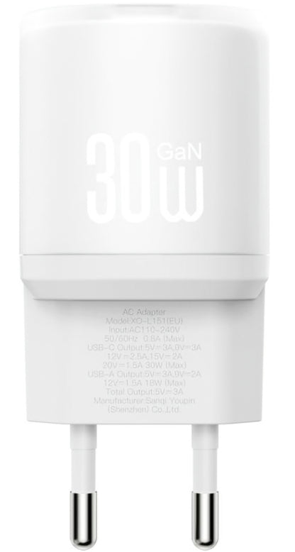 Polnilnik omrežja s kablom Lightning XO Design L151, 30W, 3A, 1 x USB-A - 1 x USB-C, Bel