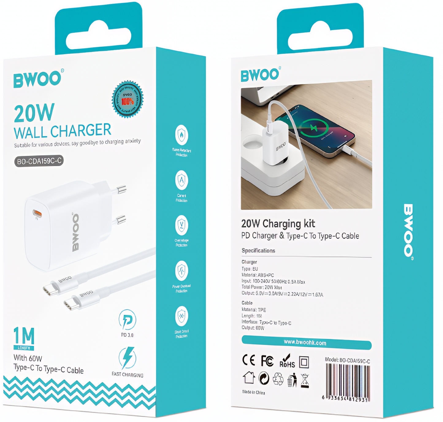 Omrežni polnilec z USB-C kablom BWOO CDA159, 20W, 3A, 1 x USB-C, Bel