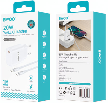 Omrežni polnilec z USB-C kablom BWOO CDA159, 20W, 3A, 1 x USB-C, Bel