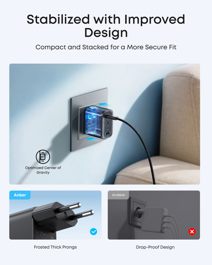 Polnilnik Anker Nano z omrežnim kablom USB-C, 70W, 3.5A, 1 x USB-A - 2 x USB-C, Siv B121A311