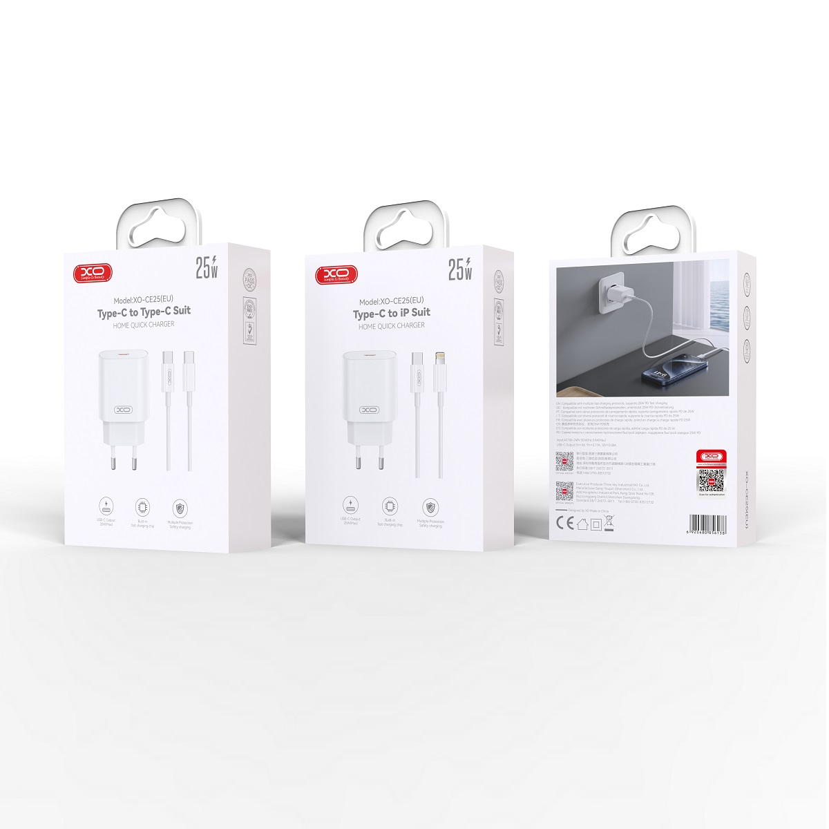 Polnilnik omrežja s kablom USB-C XO Design CE25, 25W, 3A, 1 x USB-C, Bel