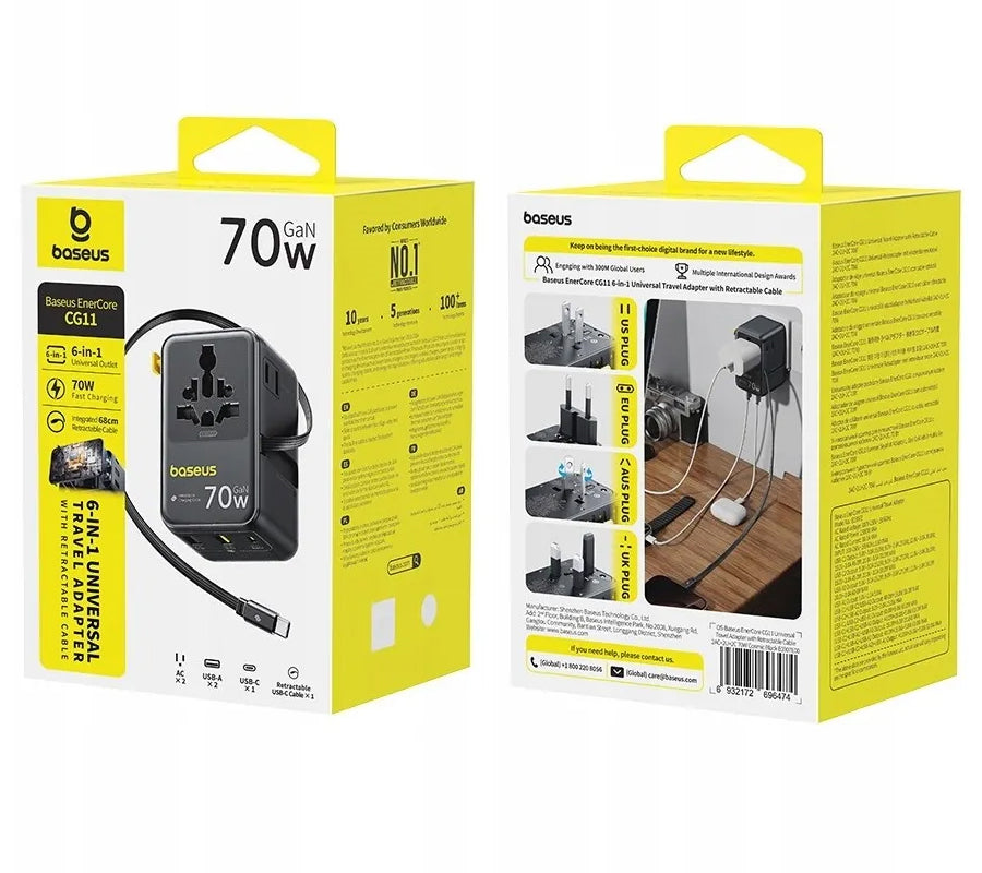Omrežni polnilec z USB-C kablom Baseus Travel EnerCore CG11, 70W, 2 x vtičnica - 1 x USB-C - 2 x USB-A, črn E0307E00