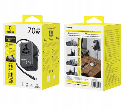 Omrežni polnilec z USB-C kablom Baseus Travel EnerCore CG11, 70W, 2 x vtičnica - 1 x USB-C - 2 x USB-A, črn E0307E00