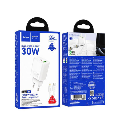 Polnilnik omrežja s kablom Lightning HOCO N63, 30W, 3A, 1 x USB-A - 1 x USB-C, bel