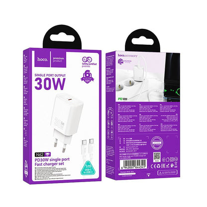 Polnilnik omrežja s kablom USB-C HOCO N62, 30W, 3A, 1 x USB-C, Bel
