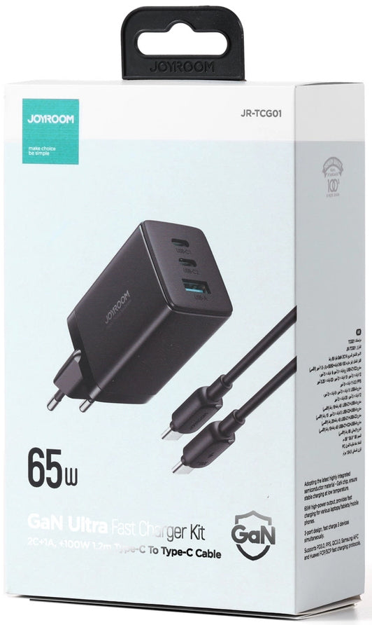 Polnilnik omrežja s kablom USB-C Joyroom TCG01, 65W, 3.25A, 1 x USB-A - 2 x USB-C, črn