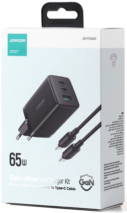 Polnilnik omrežja s kablom USB-C Joyroom TCG01, 65W, 3.25A, 1 x USB-A - 2 x USB-C, črn