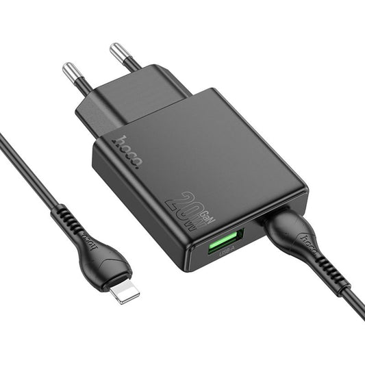Polnilnik omrežja s kablom Lightning HOCO N38, 20W, 3A, 1 x USB-A - 1 x USB-C, črn