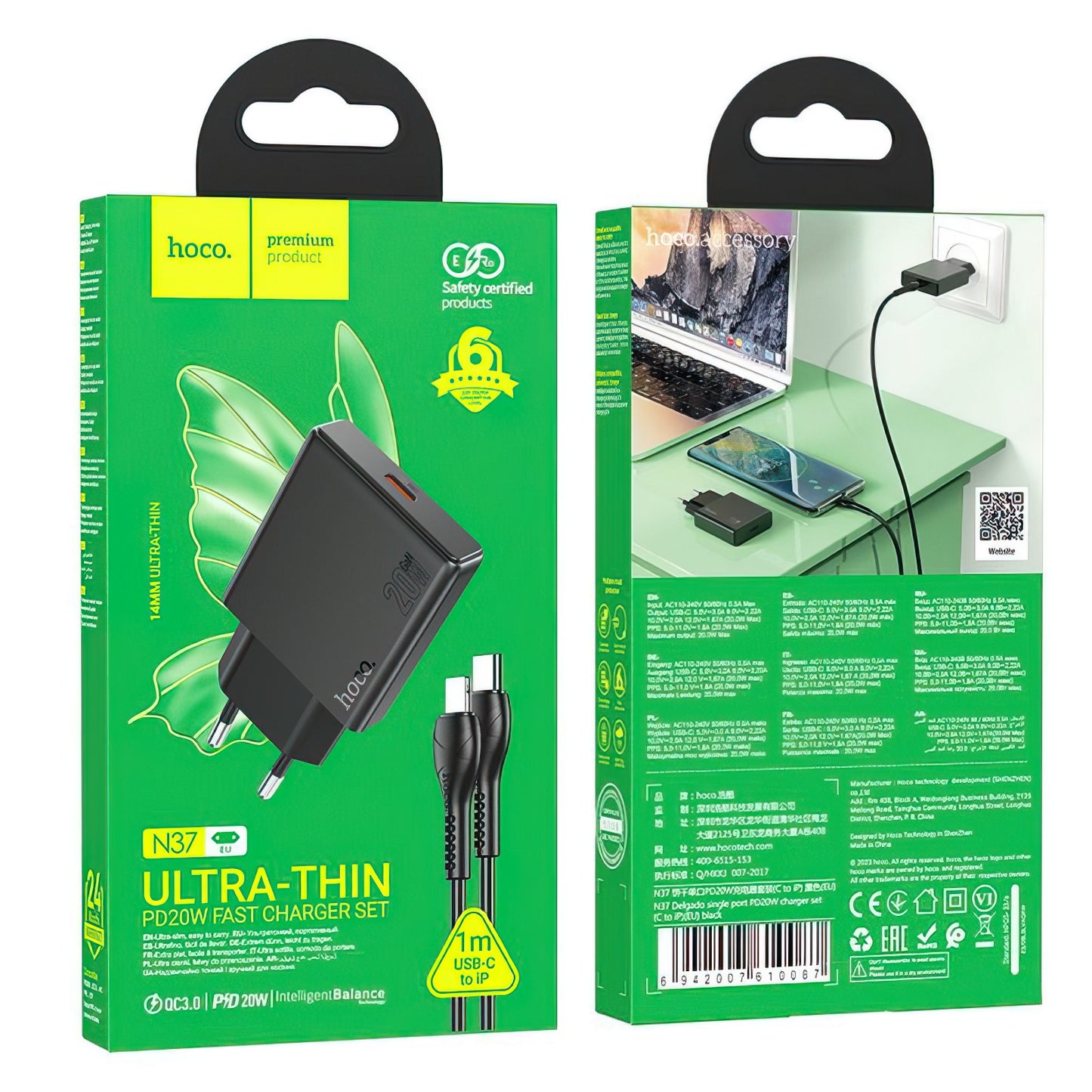 Polnilnik omrežja s kablom Lightning HOCO N37, 30W, 3A, 1 x USB-C, črn