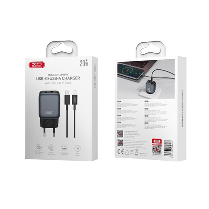 Polnilnik za omrežje s kablom Lightning XO Design L154, 20W, 3A, 1 x USB-A - 1 x USB-C, črn