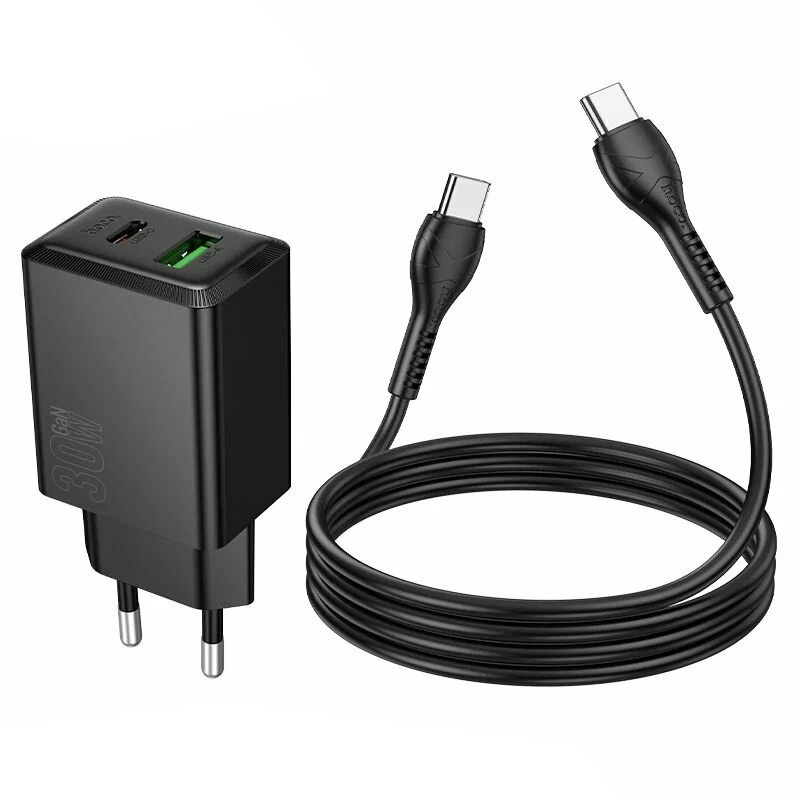 Polnilnik omrežja s kablom USB-C HOCO N71, 30W, 3A, 1 x USB-A - 1 x USB-C, črn