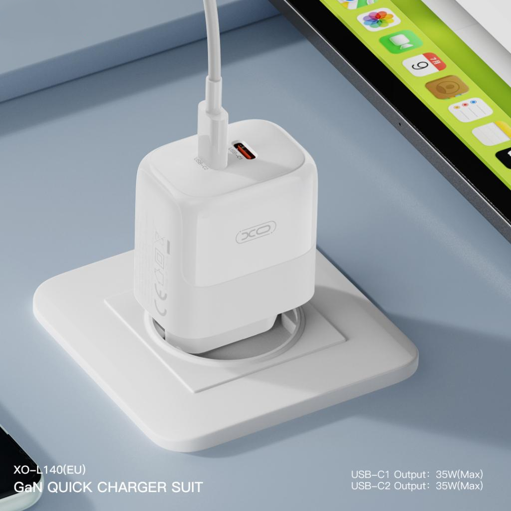 Omrežni polnilec s kablom USB-C XO Design L140, 35W, 3A, 2 x USB-C, Bel