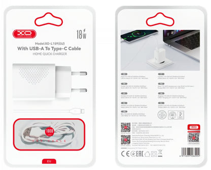 Polnilnik omrežja s kablom USB-C XO Design L159, 18W, 3A, 1 x USB-A, Bel