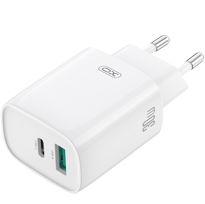 Polnilnik za omrežje z Lightning kablom XO Design CE30, 30W, 3A, 1 x USB-A - 1 x USB-C, Bel