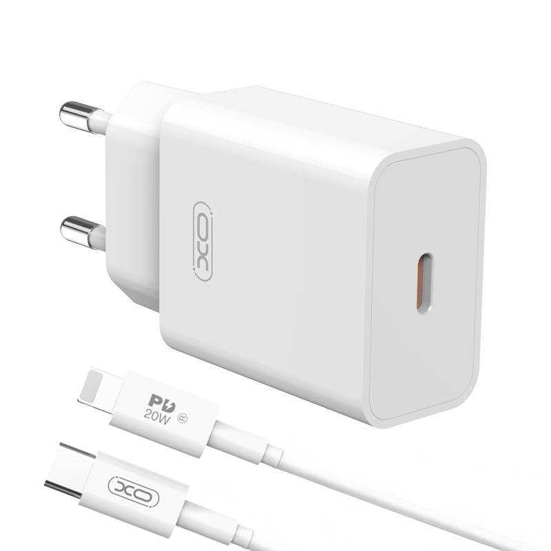 Omrežni polnilec z Lightning kablom XO Design L126, 20W, 3A, 1 x USB-C, bel