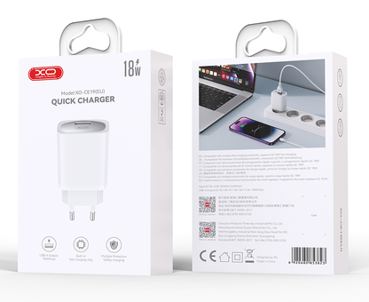 Polnilnik omrežja s kablom USB-C XO Design CE19, 18W, 3A, 1 x USB-A, Bel