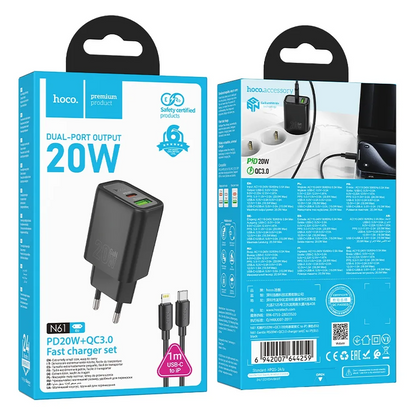 Polnilnik omrežja s kablom Lightning HOCO N61, 20W, 3A, 1 x USB-A - 1 x USB-C, črn