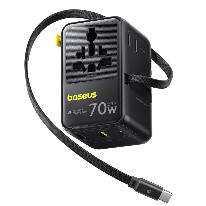 Omrežni polnilec z USB-C kablom Baseus Travel EnerCore CG11, 70W, 2 x vtičnica - 1 x USB-C - 2 x USB-A, črn E0307E00