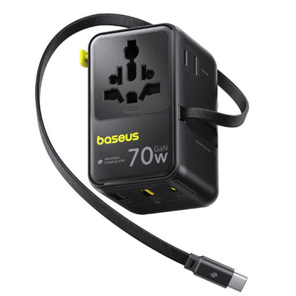 Omrežni polnilec z USB-C kablom Baseus Travel EnerCore CG11, 70W, 2 x vtičnica - 1 x USB-C - 2 x USB-A, črn E0307E00