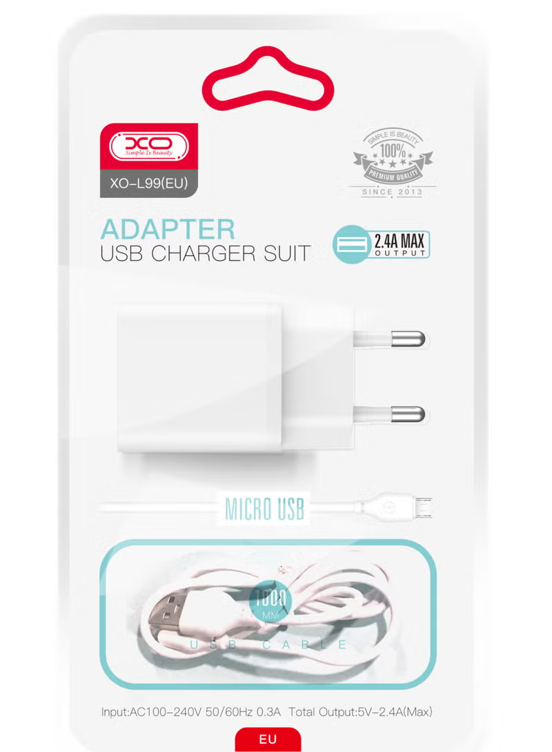 Polnilnik omrežja s kablom microUSB XO Design L99, 12W, 2.4A, 1 x USB-A, Bel