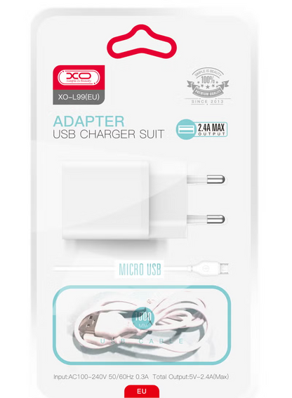 Polnilnik omrežja s kablom microUSB XO Design L99, 12W, 2.4A, 1 x USB-A, Bel
