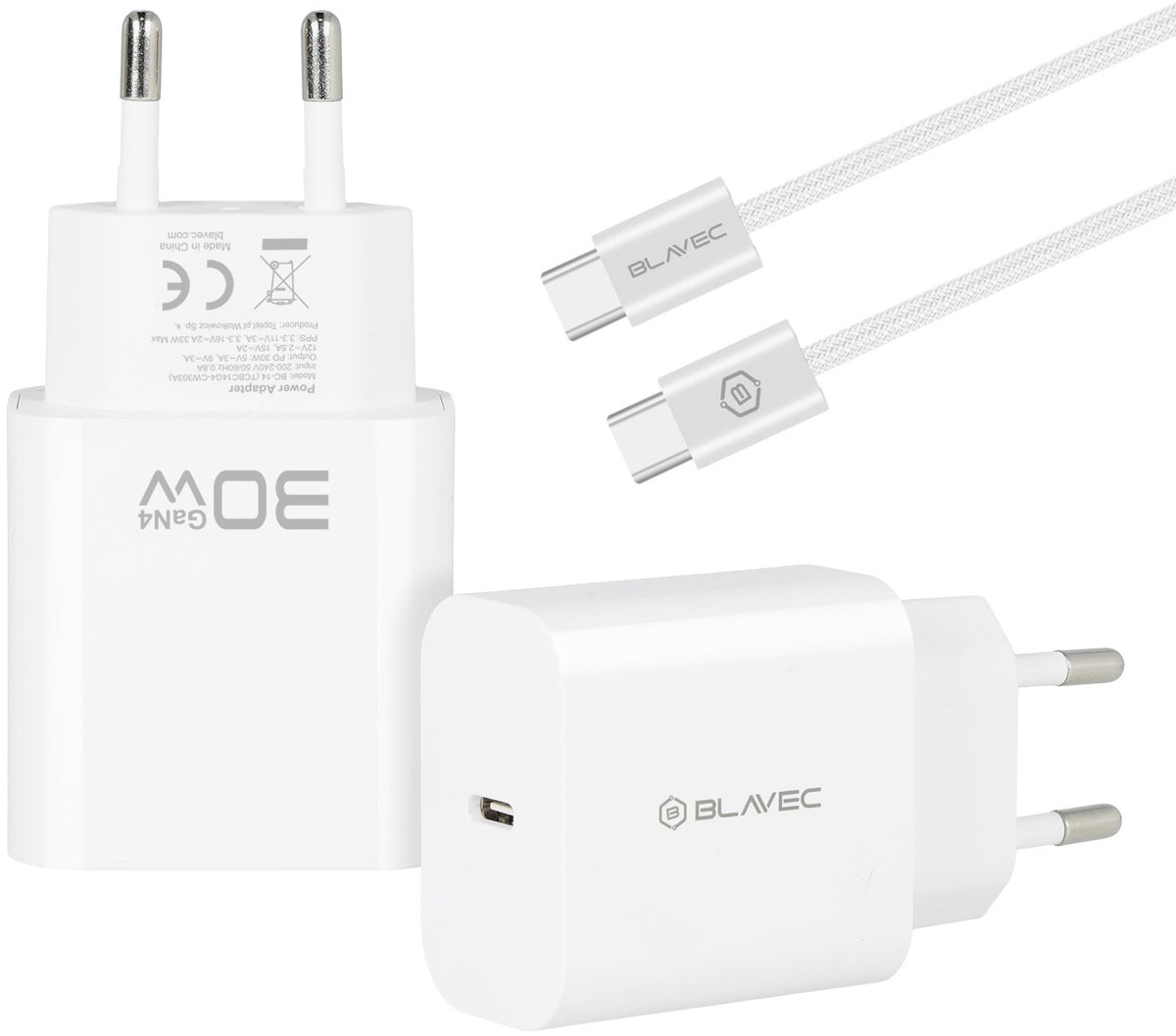 Omrežni polnilnik s kablom USB-C Blavec BC-14, 30 W, 3 A, 1 × USB-C, bel
