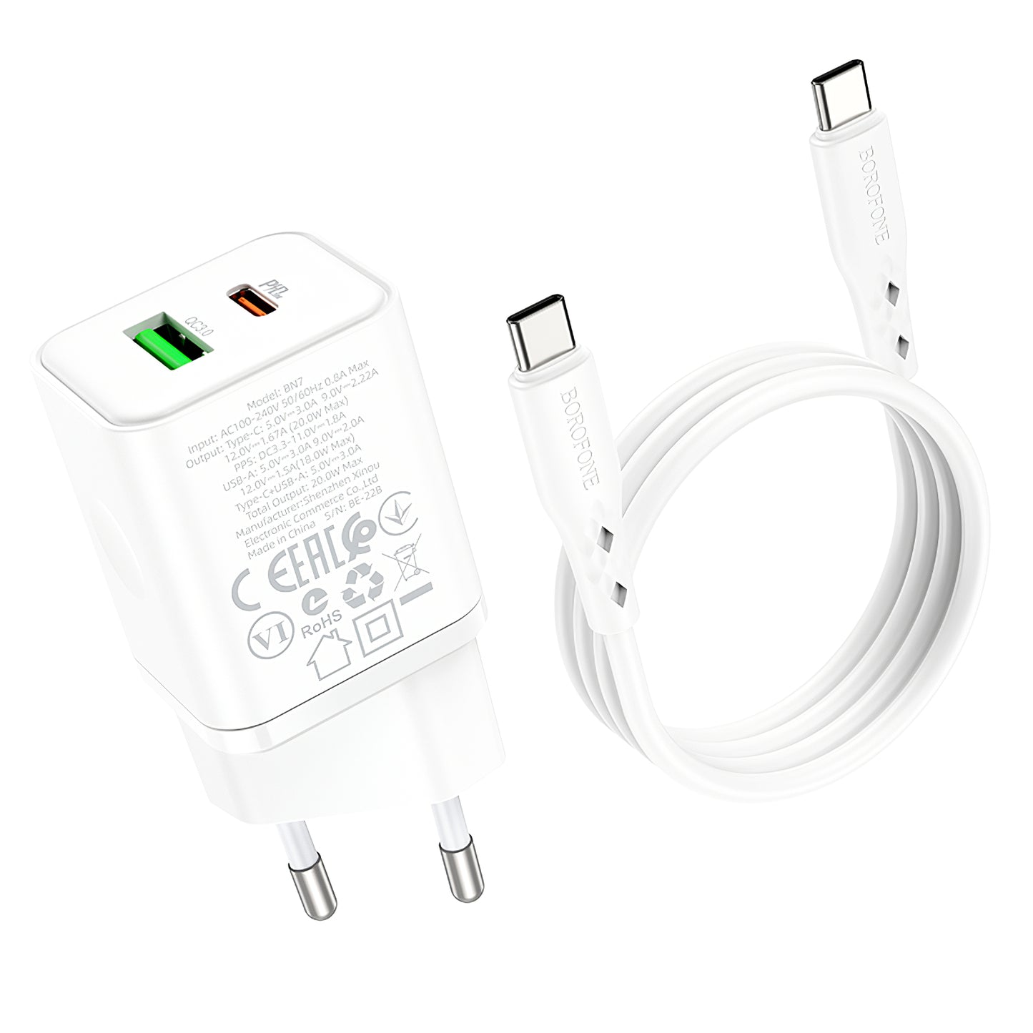 Omrežni polnilnik s kablom USB-C Borofone BN7, 20 W, 3A, 1 x USB-A - 1 x USB-C, bel 