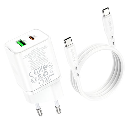 Omrežni polnilnik s kablom USB-C Borofone BN7, 20 W, 3A, 1 x USB-A - 1 x USB-C, bel 