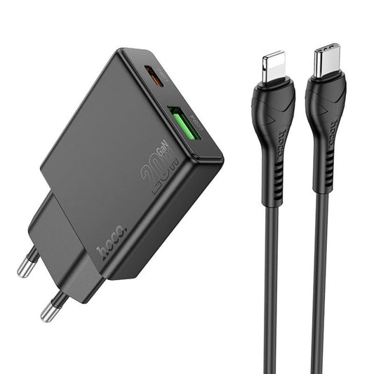 Polnilnik omrežja s kablom Lightning HOCO N38, 20W, 3A, 1 x USB-A - 1 x USB-C, črn
