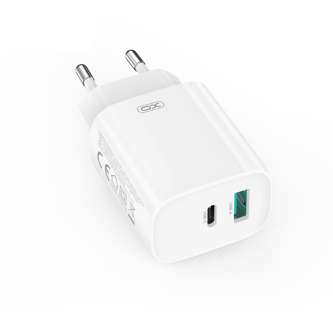 Polnilnik omrežja s kablom USB-C XO Design CE29, 20W, 3A, 1 x USB-A - 1 x USB-C, Bel