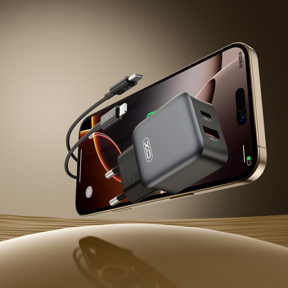 Polnilnik za omrežje s kablom Lightning XO Design L156, 30W, 3A, 1 x USB-A - 1 x USB-C, črn