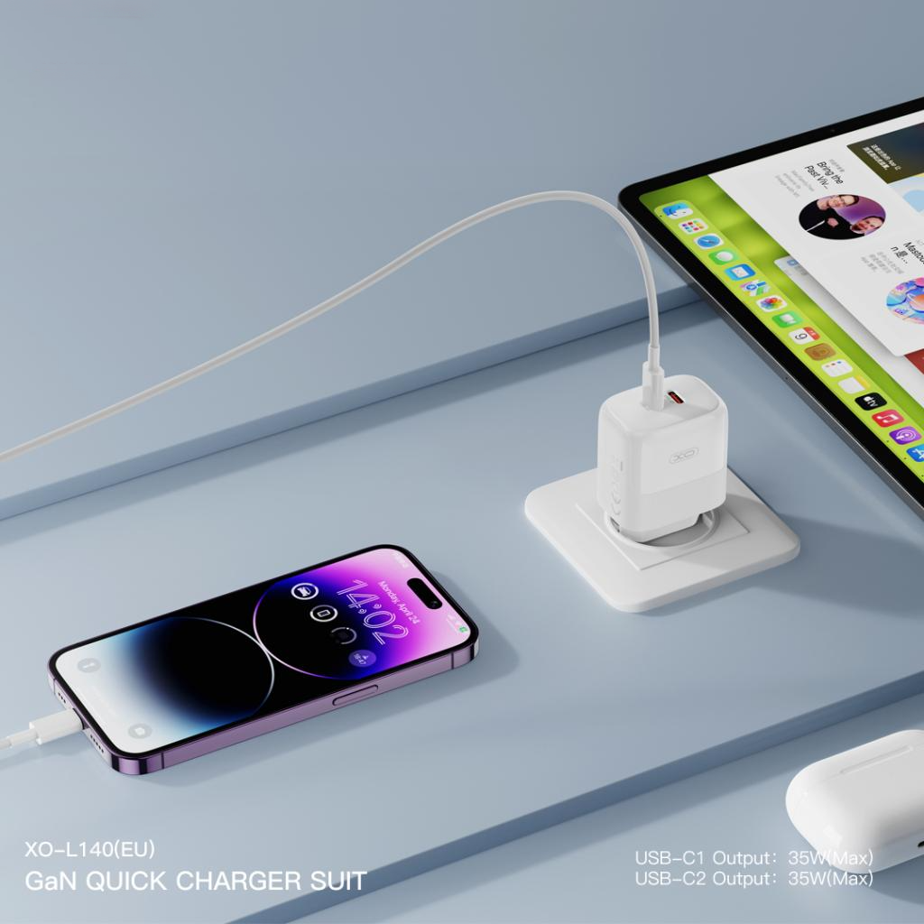 Omrežni polnilec s kablom USB-C XO Design L140, 35W, 3A, 2 x USB-C, Bel