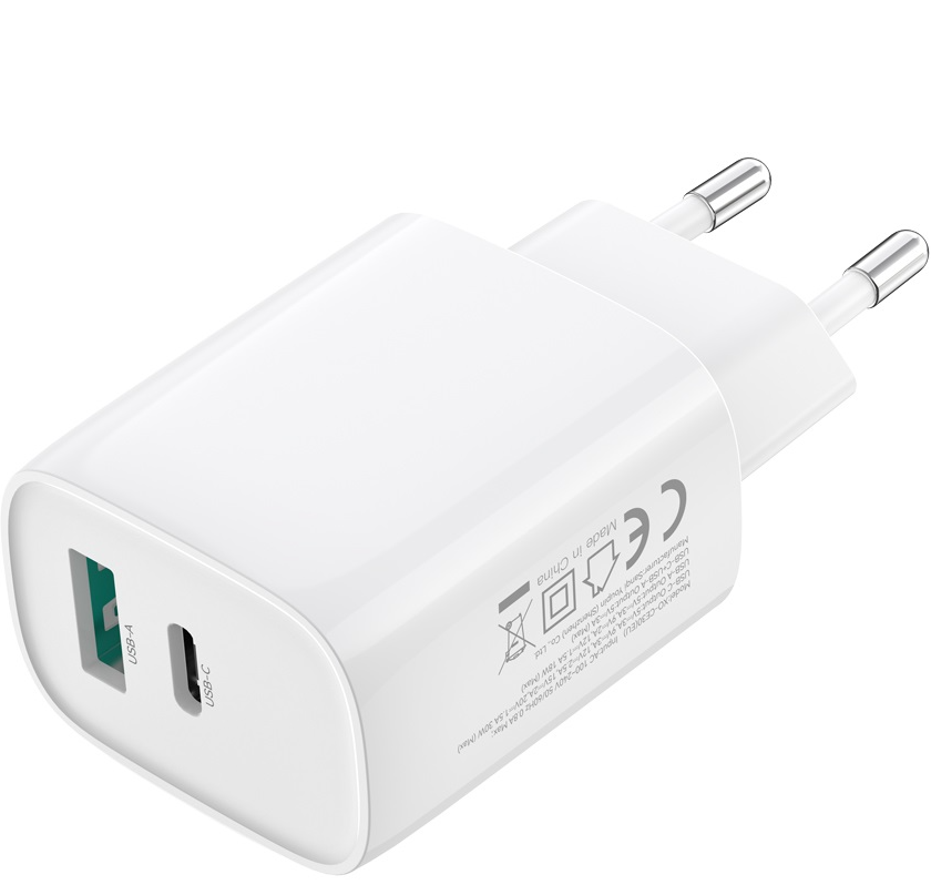 Polnilnik za omrežje z Lightning kablom XO Design CE30, 30W, 3A, 1 x USB-A - 1 x USB-C, Bel