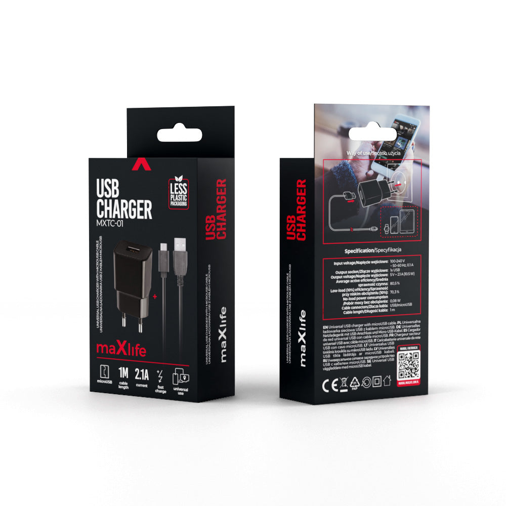 Polnilnik za omrežje z mikroUSB kablom MaXlife MXTC-01, 10.5W, 2.1A, 1 x USB-A, Črn