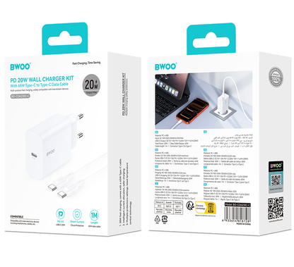 Polnilnik omrežja s kablom USB-C BWOO CDA233, 20W, 3A, 1 x USB-C, Bel