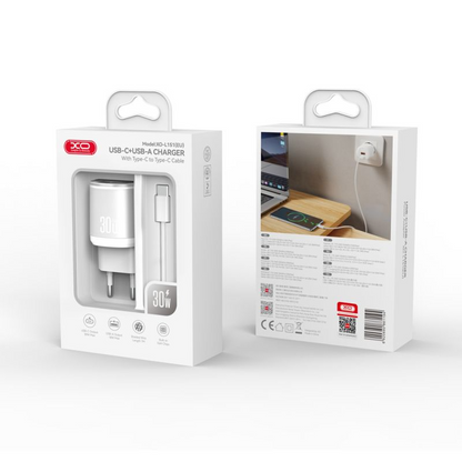 Network Charger with USB-C Cable XO Design L151, 30W, 3A, 1 x USB-A - 1 x USB-C, White