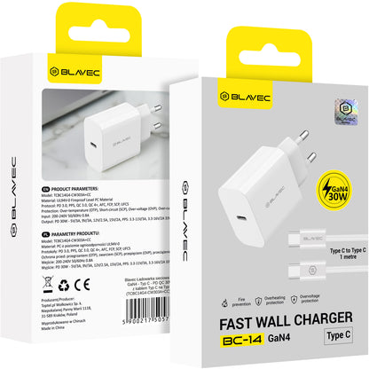 Omrežni polnilnik s kablom USB-C Blavec BC-14, 30 W, 3 A, 1 × USB-C, bel