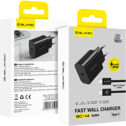 Omrežni polnilnik s kablom USB-C Blavec BC-14, 30 W, 3 A, 1 × USB-C, črn
