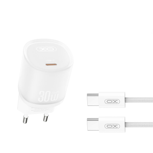 Polnilnik omrežja s kablom USB-C XO Design L150, 30W, 3A, 1 x USB-C, Bel