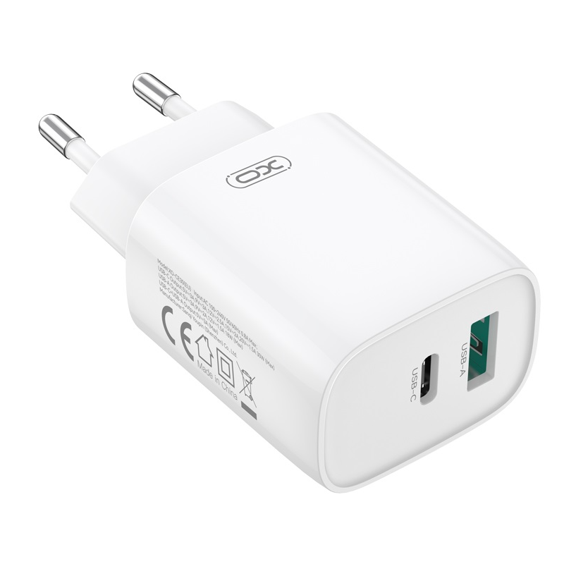 Polnilnik za omrežje z Lightning kablom XO Design CE30, 30W, 3A, 1 x USB-A - 1 x USB-C, Bel