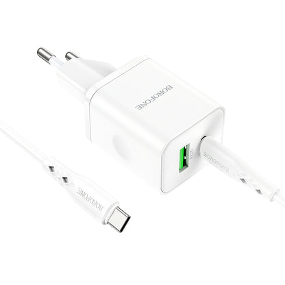 Omrežni polnilnik s kablom USB-C Borofone BN7, 20 W, 3A, 1 x USB-A - 1 x USB-C, bel 