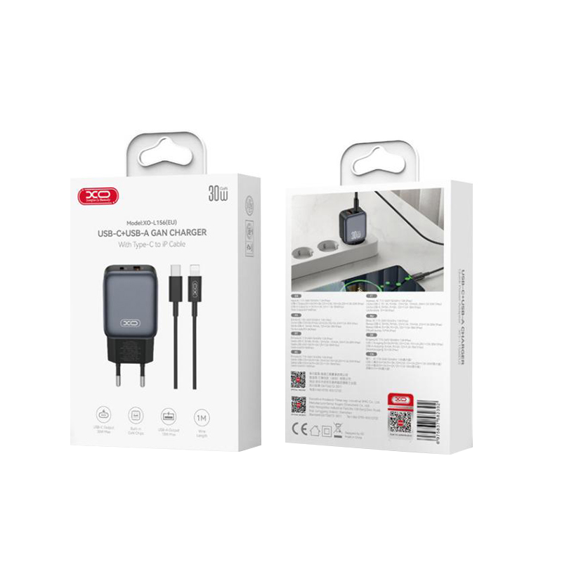 Polnilnik za omrežje s kablom Lightning XO Design L156, 30W, 3A, 1 x USB-A - 1 x USB-C, črn