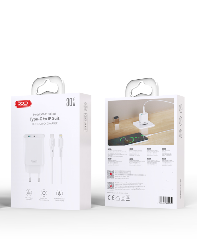 Polnilnik za omrežje z Lightning kablom XO Design CE30, 30W, 3A, 1 x USB-A - 1 x USB-C, Bel