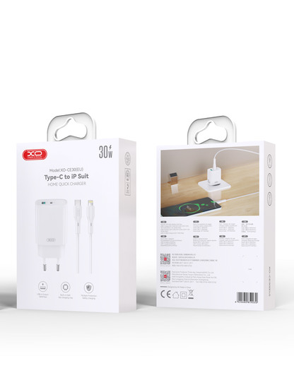 Polnilnik za omrežje z Lightning kablom XO Design CE30, 30W, 3A, 1 x USB-A - 1 x USB-C, Bel