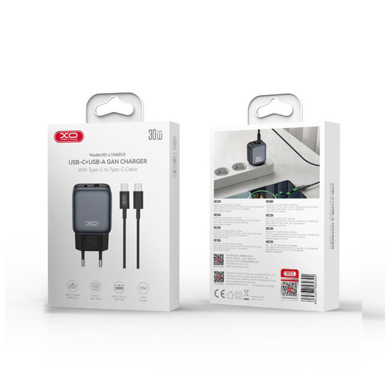 Omrežni polnilec s kablom USB-C XO Design L156, 30W, 3A, 1 x USB-A - 1 x USB-C, črn