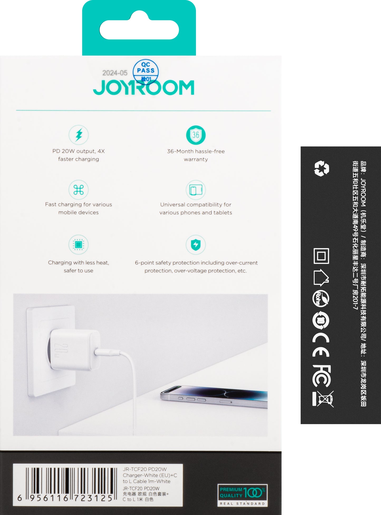 Polnilnik z omrežnim kablom Lightning Joyroom JR-TCF20, 20W, 3A, 1 x USB-C, Bel