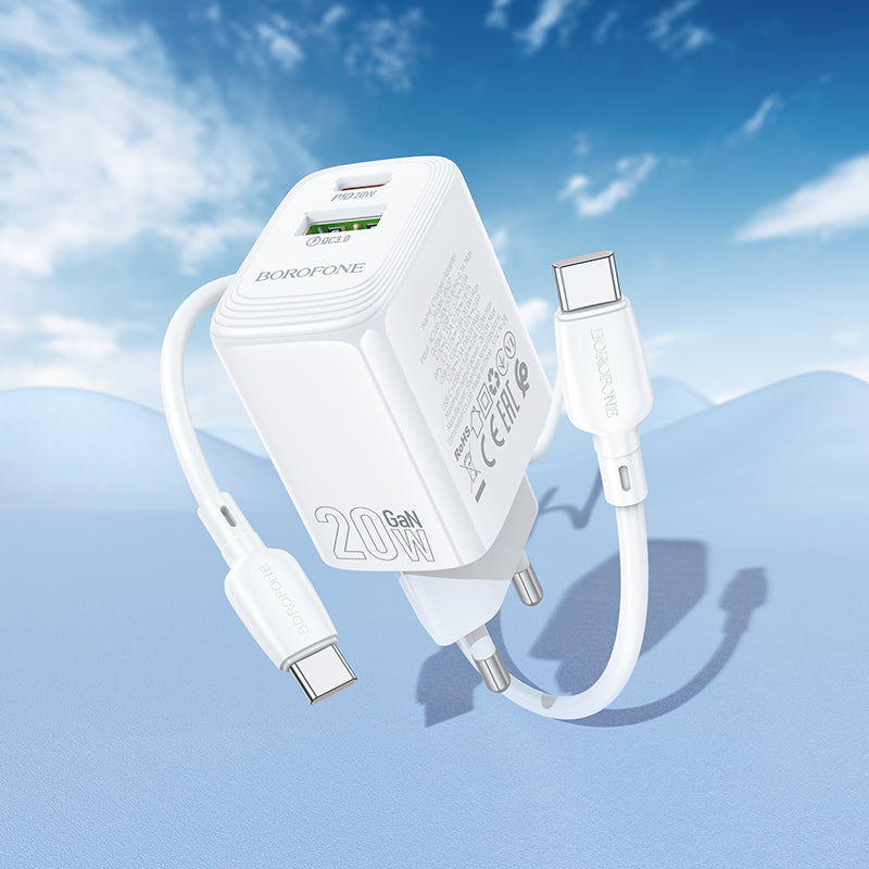 Polnilnik omrežja s kablom USB-C Borofone BN27 Fuente, 20W, 3A, 1 x USB-A - 1 x USB-C, bel