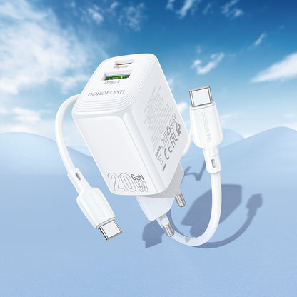 Polnilnik omrežja s kablom USB-C Borofone BN27 Fuente, 20W, 3A, 1 x USB-A - 1 x USB-C, bel