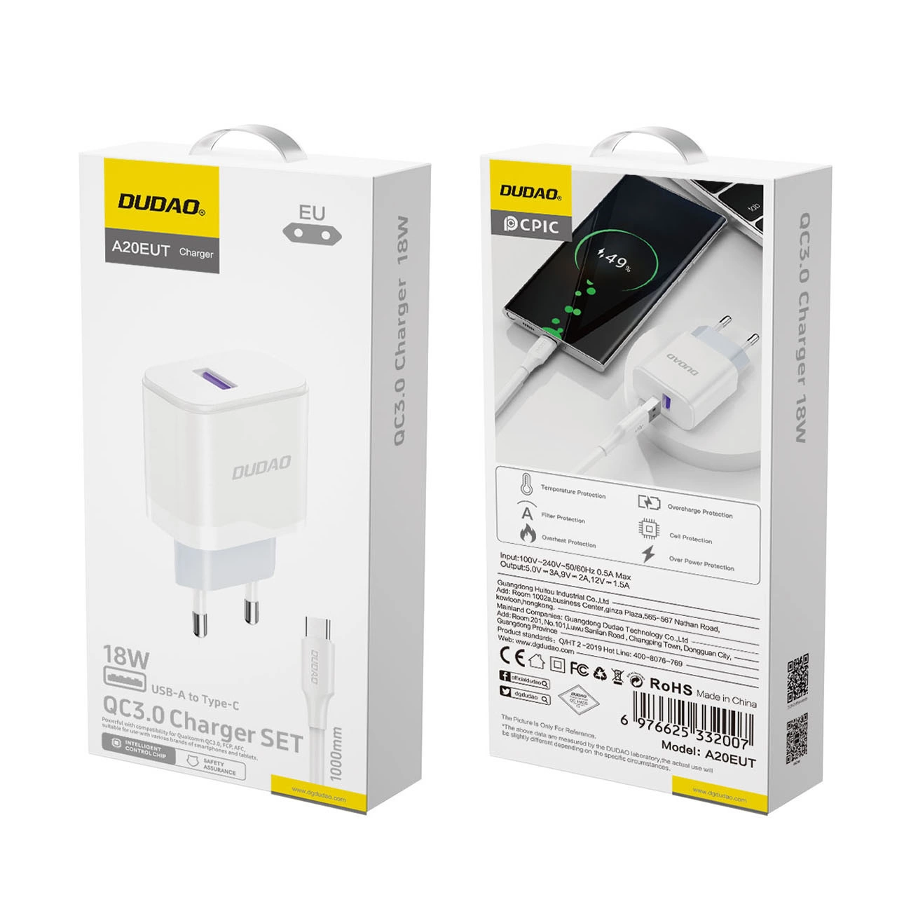 Polnilnik omrežja s kablom USB-C Dudao A20EU, 18W, 3A, 1 x USB-A, Bel